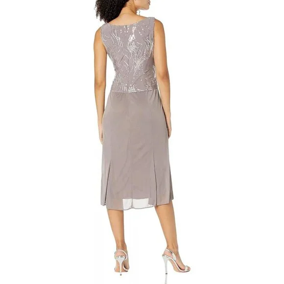 Alex Evenings Women's Tea Length Sequin Dress Pewter Brown / Frost 10 - Picture 13 of 14